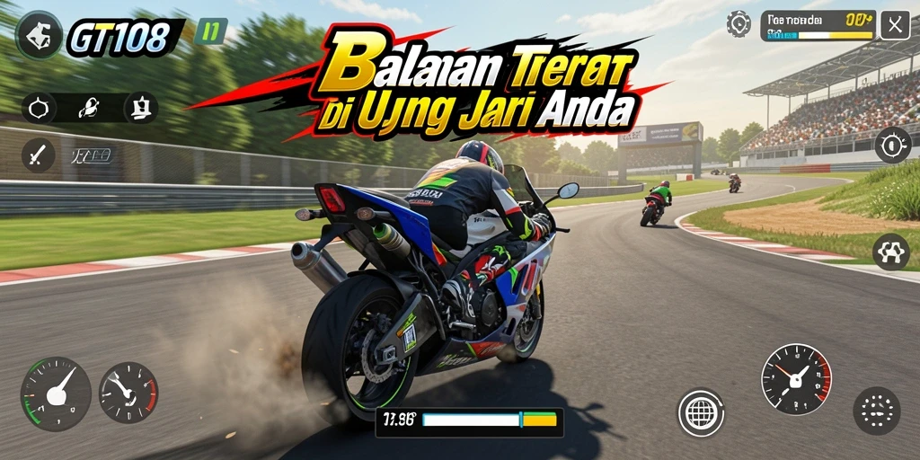 Tampilan gameplay GT108 dengan berbagai motor balap yang menegangkan.